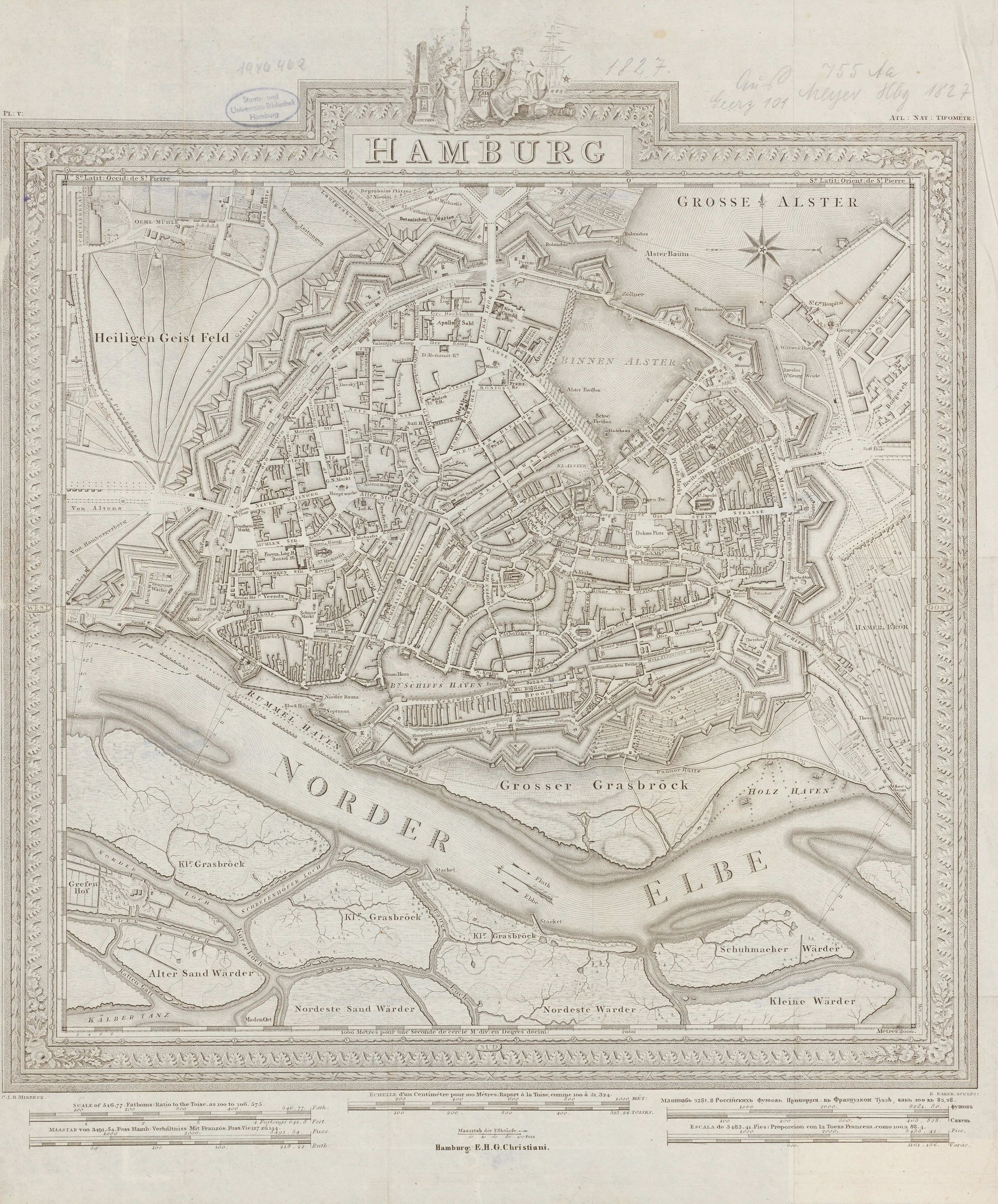 Alte Karte von Hamburg, Deutschland, gedruckt auf Papier, zeigt Straßen und Sehenswürdigkeiten in einem klassischen Stil.