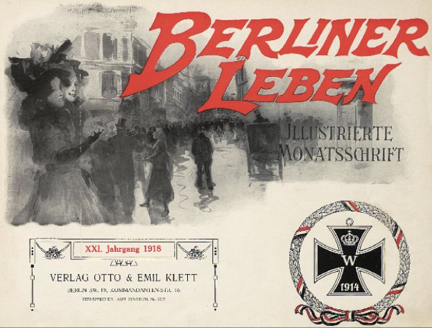 Ein altes Buchcover mit einer Gruppe feiernder Menschen, dem Text "Berliner Leben" und einem Logo, das mit der deutschen Armee in Verbindung steht.
