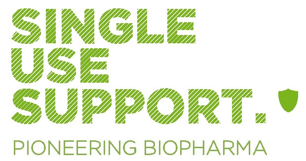 Weißer Hintergrund mit fettem grünen Text, der "single use support pioneering biopharma" liest.