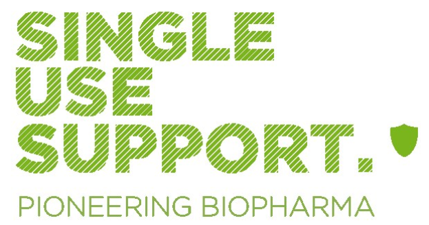 Weißer Hintergrund mit fettem grünen Text, der "single use support pioneering biopharma" liest.