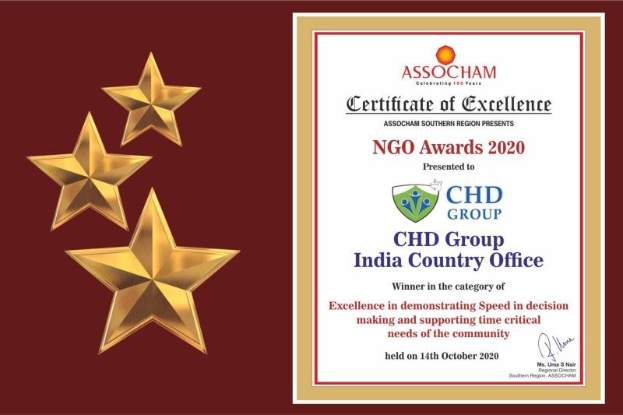 Auszeichnung für Chd Group India Country Office mit Excellence-Zertifikat für die NGO Awards 2020, dargestellt durch ein Schild-Logo mit einem Stern und einem Lorbeerkranz.