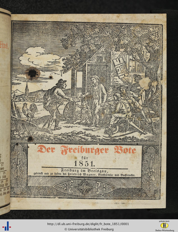 Ein aufgeschlagenes Buch mit dem Titel 'Der Freiburger Bote für 1851' zeigt eine Zeichnung einer Gruppe von Menschen in traditioneller deutscher Kleidung in einem Gespräch.