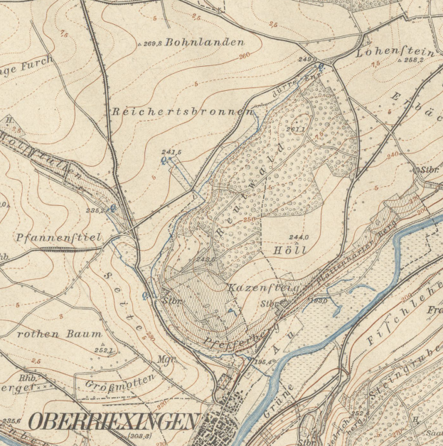 Alte topografische Karte von Oberreixingen, Deutschland, mit detaillierten Straßen, Gebäuden und anderen Merkmalen mit Textanmerkungen.