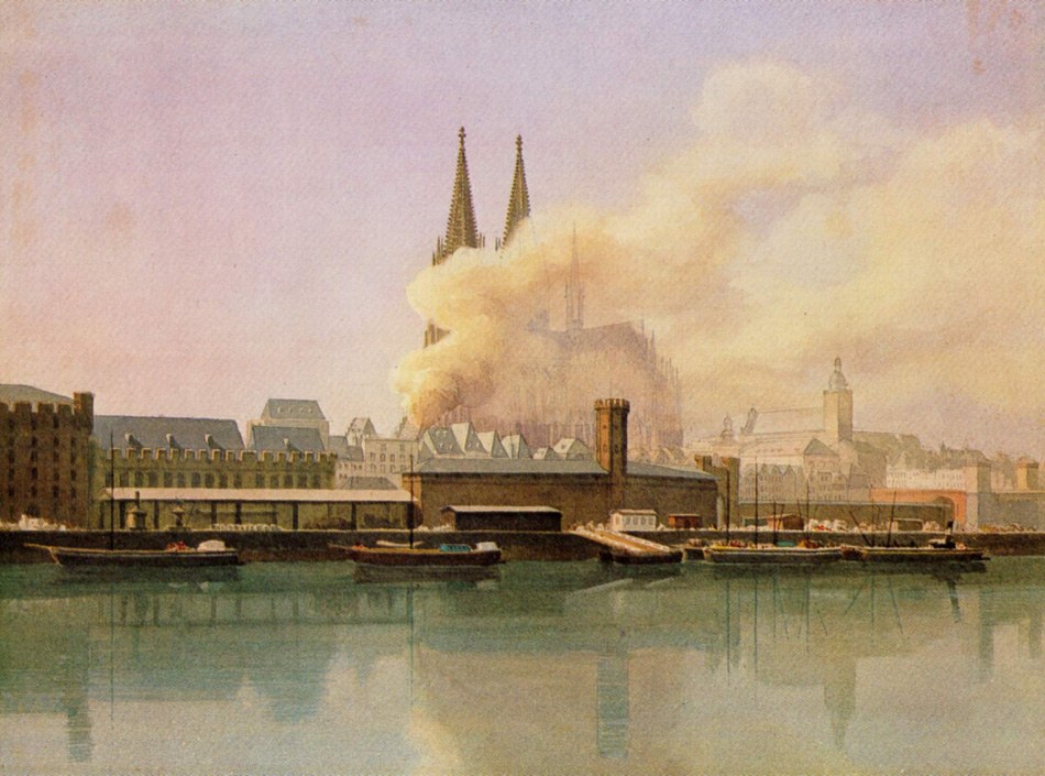 Gemälde einer 19. Jahrhundert-Köln-Stadtansicht mit Booten, Gebäuden, Rauch und Himmel, unten mit "Cologne, Germany in the 19th century" beschriftet.