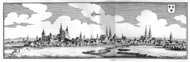 Eine Schwarz-Weiß-Zeichnung einer Stadt mit einem Schloss im Hintergrund, umgeben von Bäumen, Wasser und Wolken am Himmel, mit dem Text 'Köln, Deutschland' unten.