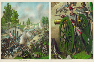 Ein Plakat, das die Schlacht von Antietam zeigt, mit Soldaten, die stehen, einige halten Gewehre, andere liegen auf dem Gras, vor Bäumen, einer Brücke, Flaggen, Rauch und einem bewölkten Himmel, mit Text unten.