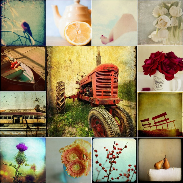 Eine Collage mit einem Fahrzeug, Boot, Teekanne, Geb√§ude, Blumen und B√§nken.