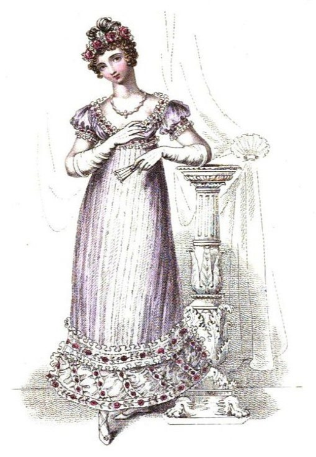Eine Frau in einem lila Kleid steht neben einer Säule mit einem Vorhanghintergrund, trägt ein langes, detailliertes Kleid mit einem hohen Kragen und hat ihr Haar zu einem Knoten gebunden, strahlt Selbstbewusstsein aus.