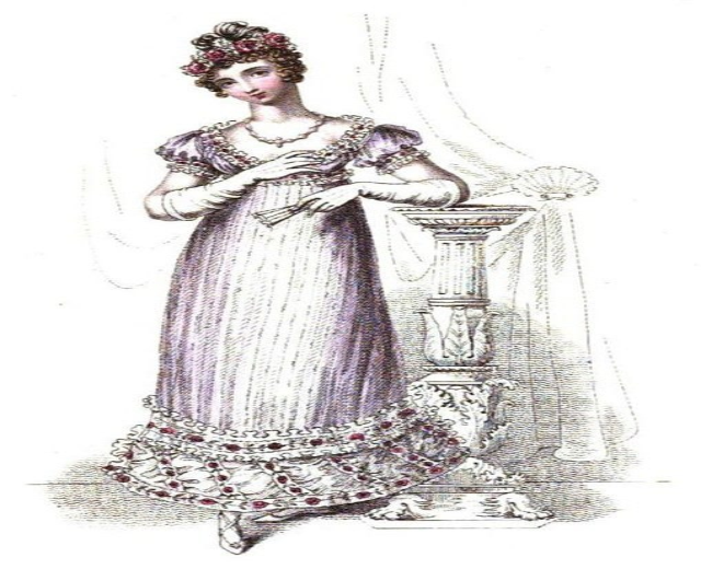 Eine Frau in einem lila Kleid steht neben einer Säule mit einem Vorhanghintergrund, trägt ein langes, detailliertes Kleid mit einem hohen Kragen und hat ihr Haar zu einem Knoten gebunden, strahlt Selbstbewusstsein aus.