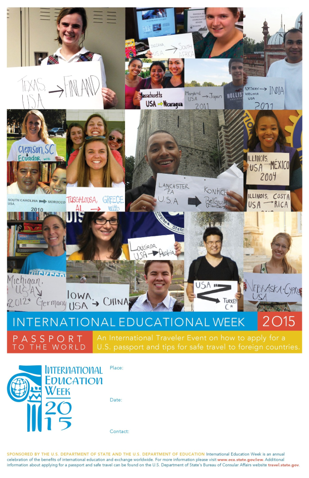 Plakat für die Internationale Bildungswoche 2015, das eine Gruppe strahlender Menschen zeigt, die Schilder mit veranstaltungsbezogenem Text halten.