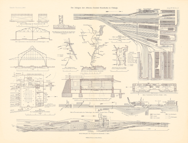 Ein altes Buch mit einer detaillierten Zeichnung eines Bahnhofs, einschließlich Gleise, Bahnsteige und andere Strukturen, sowie begleitendem Text über die Geschichte des Bahnhofs.