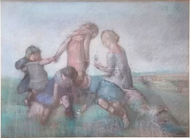 Gemälde von Kindern, die auf einem Feld spielen, gerahmt, mit leuchtenden, fröhlichen Farben und spielerischen Ausdruck