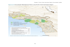 Plakat mit detaillierter Karte des Südküsten-Hydrologischen Gebiets mit beschrifteten Flüssen, Seen und geografischen Merkmalen sowie Text zur Erläuterung der Grundwasserbewirtschaftungspläne, einschließlich Wassertypen, Verfügbarkeit und geschätzte Fertigstellungszeiten.