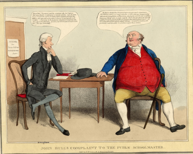 John Bull steht einem sitzenden Schuldirektor gegenüber an einem Tisch mit Hut und Papieren, während eine weitere Person in der Nähe sitzt; eine Tür und ein Papier an der Wand sind im Hintergrund sichtbar.