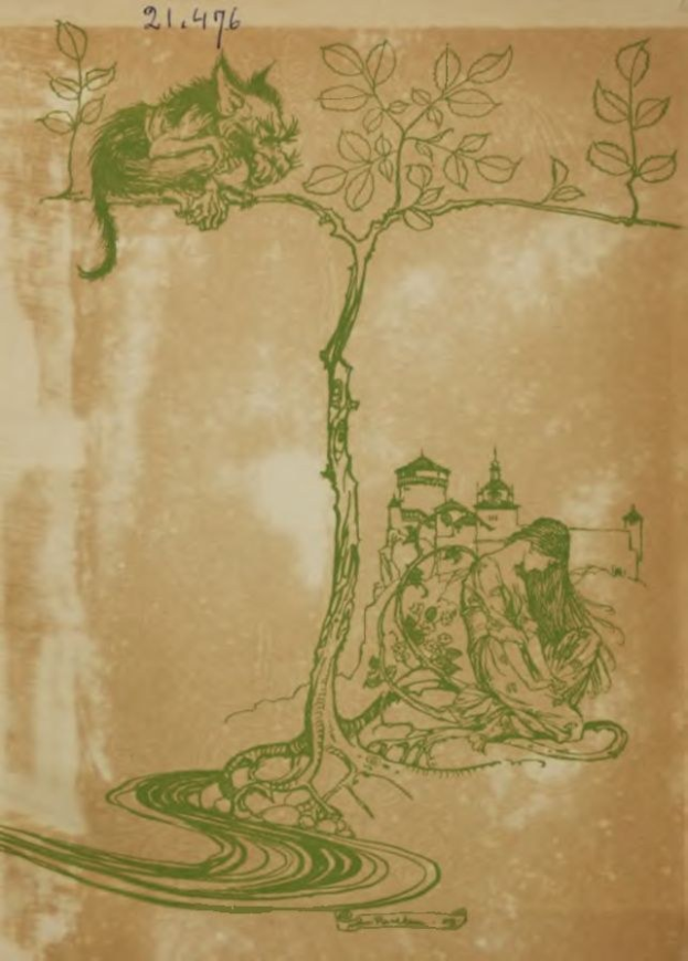 Eine Zeichnung eines grünen Baums mit einer Katze auf einem Ast, die nach oben schaut, und geschriebener Text auf dem Papier.