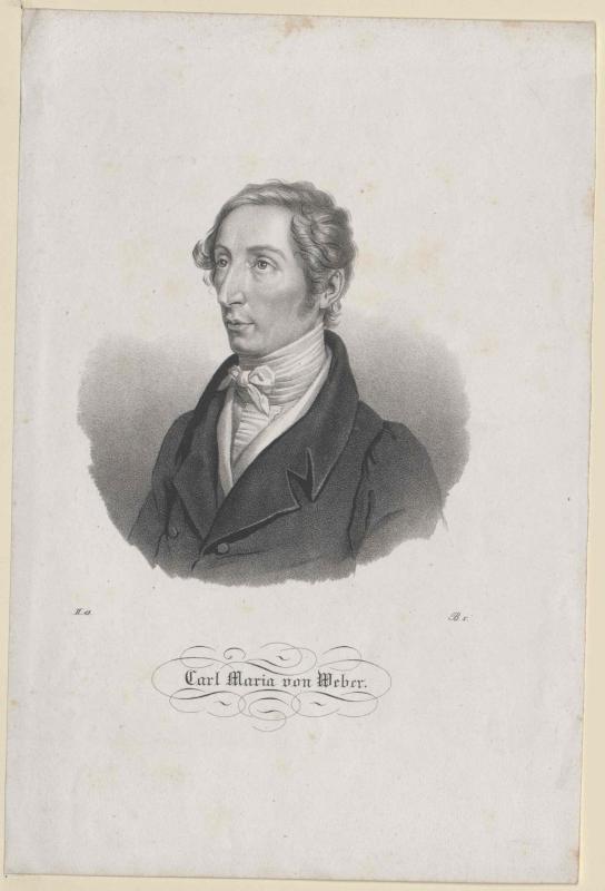 Portrait von Carl Maria von Weber, einem deutschen Komponisten, der einen schwarzen Mantel tr├Ągt, mit Text am unteren Bildrand.