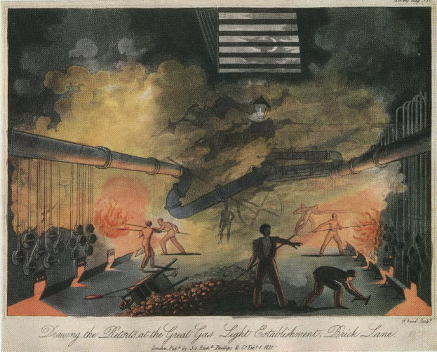 Ein Plakat, das ein Gemälde einer Gruppe von Menschen vor einem Feuer zeigt, mit Rohren, Flammen, Rauch und einer Lampe im Hintergrund, betitelt mit "Zeichnung des Aufruhrs bei der Großen Gaslicht-Etablissement, Brick Lane" unten.