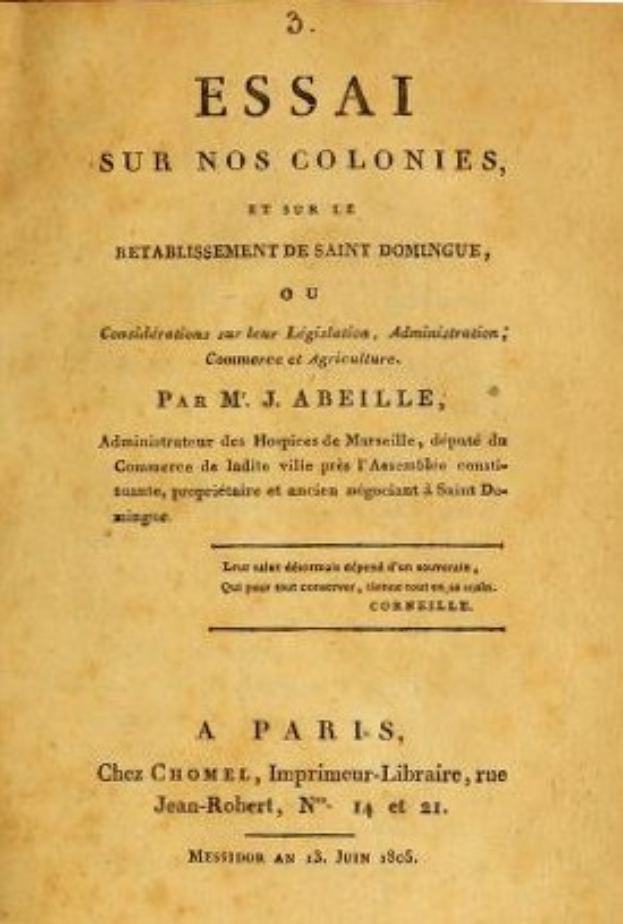 Altes Buch mit dem Titel "Essai sur nos Colonies, et sur l'Établissement de Saint Dominique" auf dem Cover, wahrscheinlich eine Sammlung von Essays zur französischen Kolonialgeschichte und Saint-Domingue.