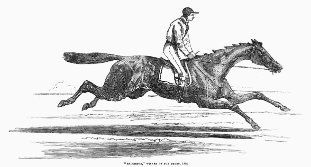 Eine Schwarz-Weiß-Zeichnung eines Jockeys in Hut und Mantel auf einem galoppierenden Pferd, mit 'Sieger des Derbys 1886' unten.