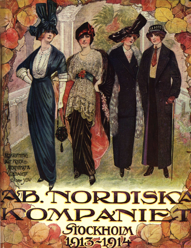 Ein Plakat von 1913-1914 für die Ab Nordiska Company in Stockholm, das vier Frauen in einer Reihe zeigt, jede trägt ein Kleid und Hut in einer anderen Farbe, mit beschreibendem Text.