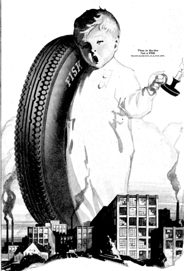 Ein Kind, das einen Reifen auf der Schulter trägt und ein Objekt hält, das neben Gebäuden und Fabriken steht, mit Text daneben, vor einem weißen Hintergrund mit Rauch und einem Ozean in der Ferne.