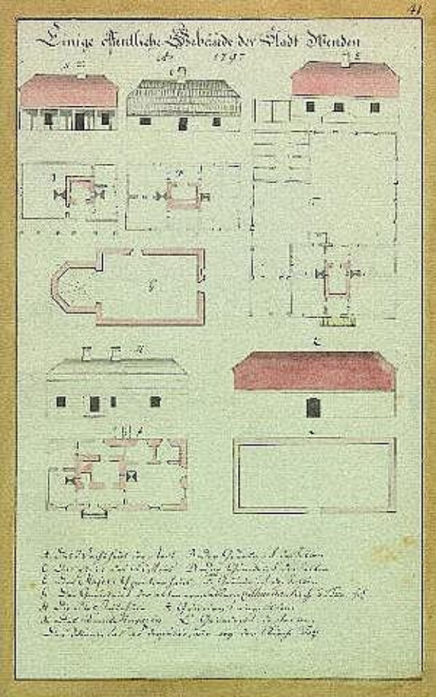 Ein detaillierter architektonischer Grundriss eines Hauses mit rotem Dach, das als Schloss Stiefen, ein deutsches Gefängnis aus dem Jahr 1797, bezeichnet wird, zeigt Wände, Fenster, Türen und strukturelle Beschreibungen.