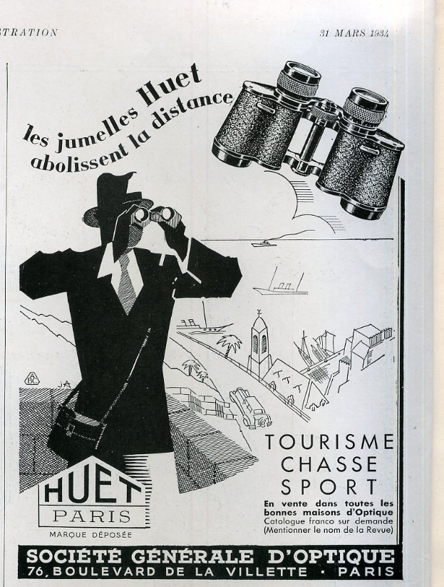 Werbeplakat für ein Tourismus-, Jagd- und Sport-Event in Paris, das einen Mann in einem Anzug und Hut zeigt, der Ferngläser hält.