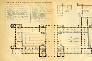 Schwarz-weißer Grundriss eines Museums für moderne Architektur mit beschrifteten Räumen und detaillierten Layout-Diagrammen auf einer Buchseite.