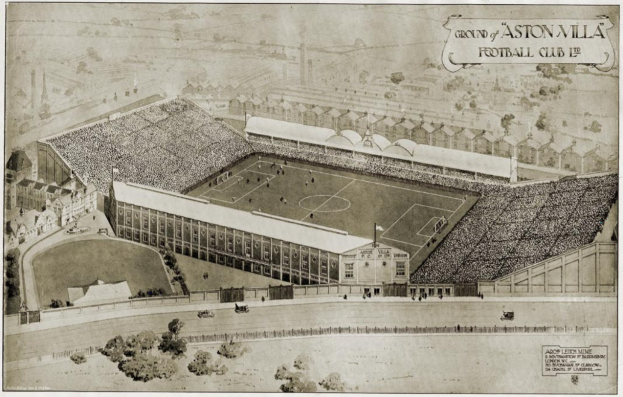Schwarze und weiße Illustration des historischen Stadions von Aston Villa Football Club mit Gebäuden, Bäumen und Text um das saftig grüne Spielfeld, das Zuschauer in den Rängen zeigt.