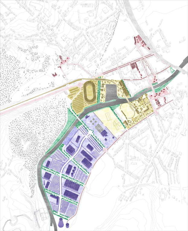 Vorgeschlagener Lageplan für die neue Stadt London, eine farbcodierte Karte mit verschiedenen Stadtbereichen und erläuterndem Text oben und unten.