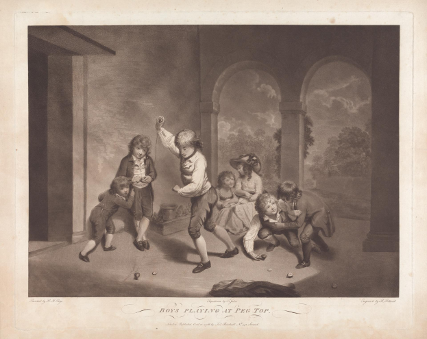 Kinder spielen ein Spiel mit Stecknadeln in einer Außenumgebung mit Bäumen, Säulen und einem bewölkten Himmel.