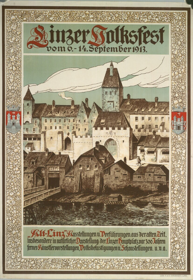 Ein altes Plakat, das ein Fest in Deutschland ankündigt, zeigt ein Schloss umgeben von Häusern mit Texten, die Festival-Informationen bereitstellen.