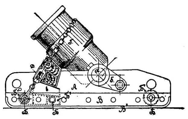 Eine detaillierte Schwarz-Weiß-Zeichnung eines deutschen Panzers aus dem frühen 20. Jahrhundert, die eine Kanone und andere Komponenten zeigt.