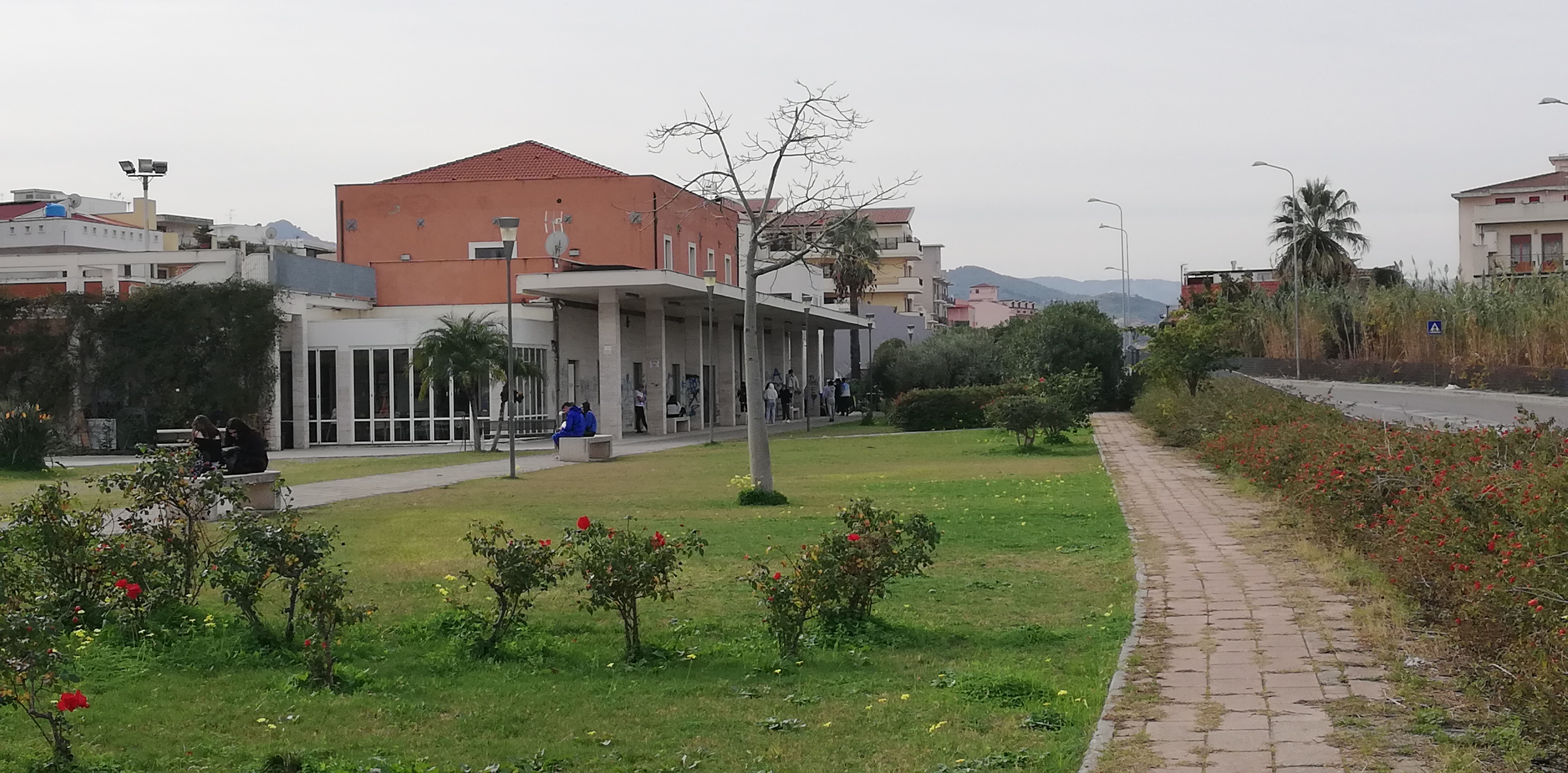 Eine Stadtstraße mit einem zentralen Fußweg, gesäumt von Gebäuden, Straßenlaternen, Straßenlaternen und Grünflächen, mit Menschen auf Bänken, Kraftfahrzeugen auf der Straße und einem prominenten Baum in der Mitte, unter einem klaren blauen Himmel.