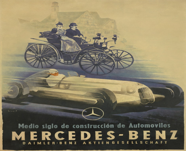 Vintage Mercedes-Benz-Werbung aus den 1930er Jahren mit einem Plakat, das ein Auto mit zwei Personen darin und ein Geb├Ąude im Hintergrund zeigt, sowie Text, der das Fahrzeug beschreibt.