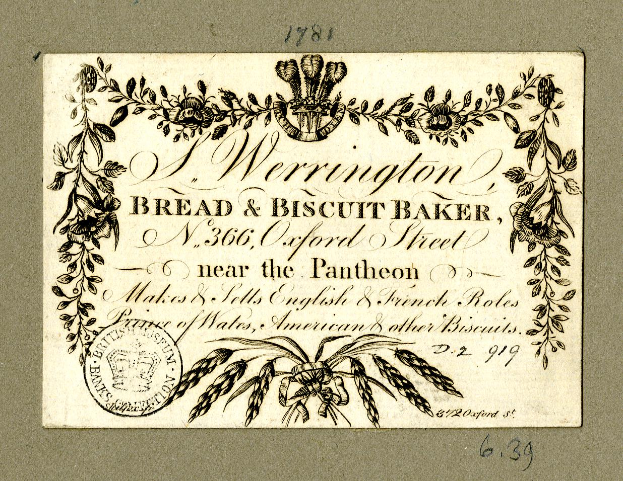 Eine alte Visitenkarte mit einer Zeichnung eines Brot- und Keksbäckers, auf der die Angebote der Bäckerei beschrieben sind.