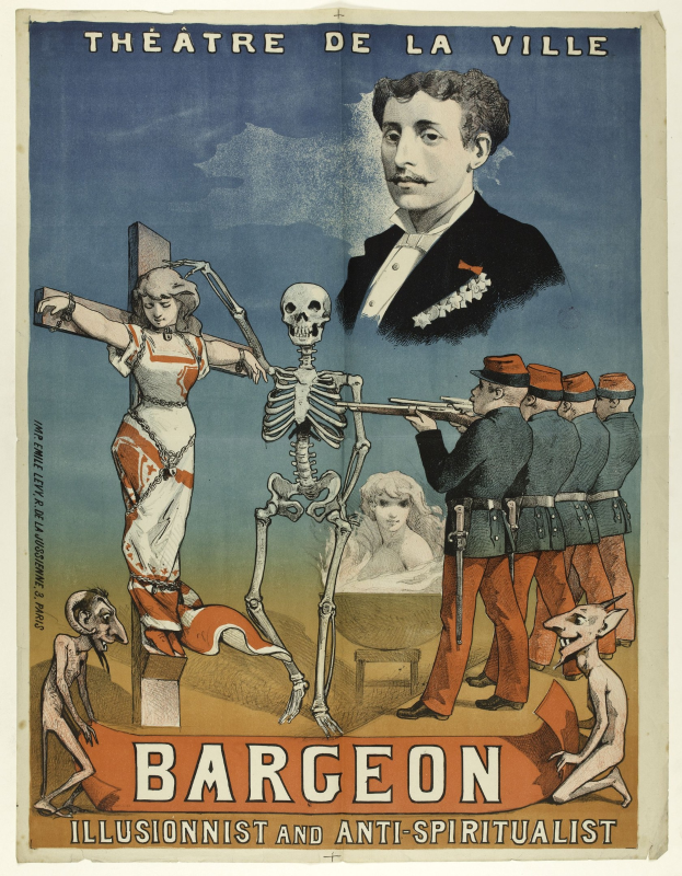 Plakat für das Théâtre de la Ville in Paris mit einer Gruppe verzweifelter Menschen, einem zentralen Skelett mit ausgebreiteten Armen und einer fetten Schrift, die "Bargeon Illusionist und Anti-Spiritualist" lautet.