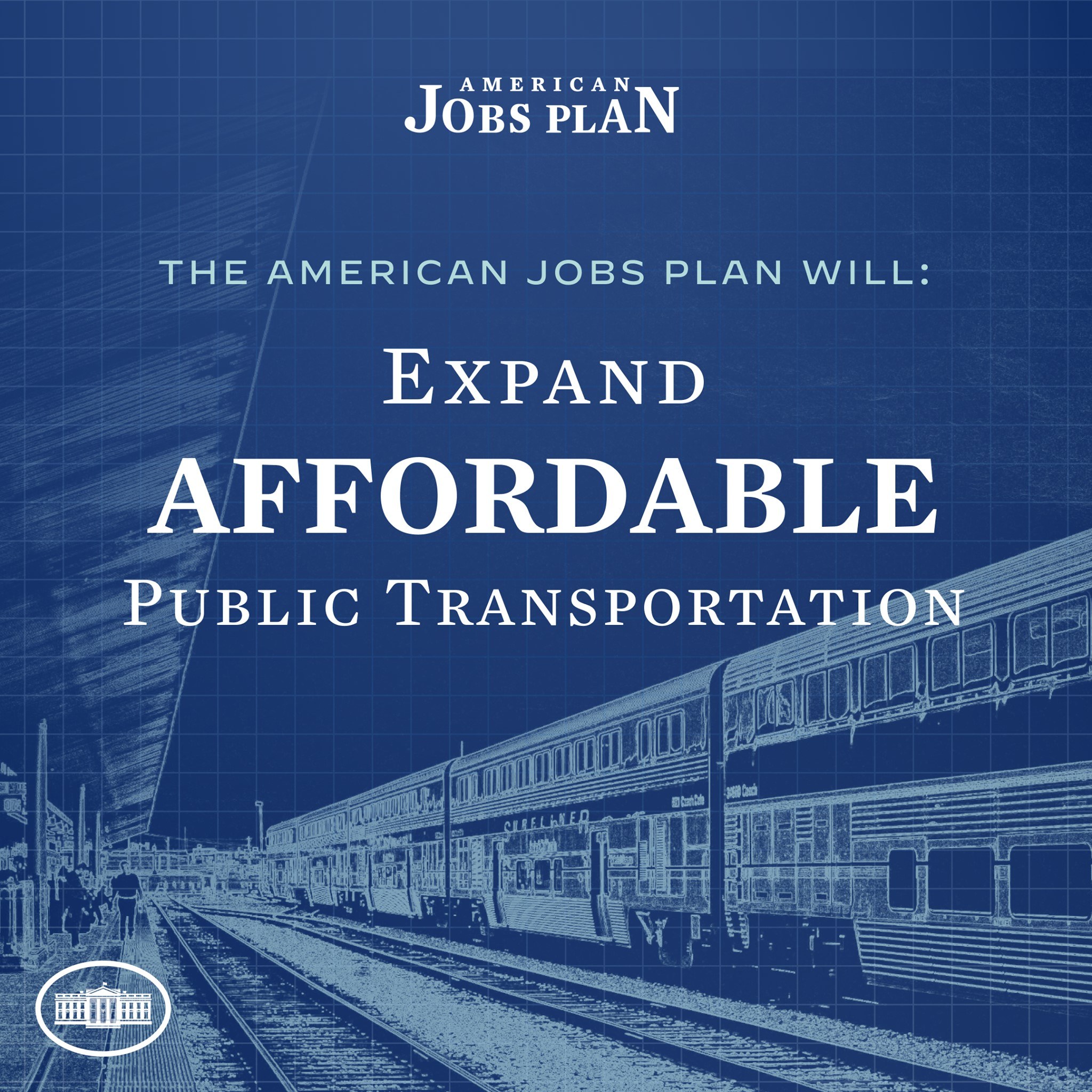 Plakat mit einem Zug auf den Eisenbahnschienen mit mehreren Menschen in der Nähe und dem Text "The American Jobs Plan Will Expand Affordable Public Transportation".