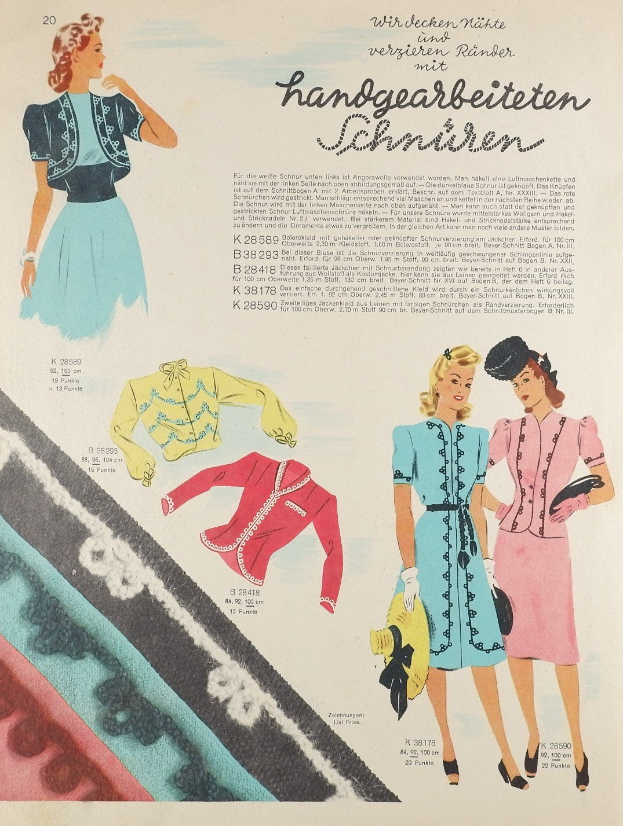 Eine Anzeige aus den 1950er Jahren für ein Modejournal mit einer Frau in einem Kleid und Hut, mit Bildern von Frauen und beschreibendem Text über die Mode der 1950er Jahre.
