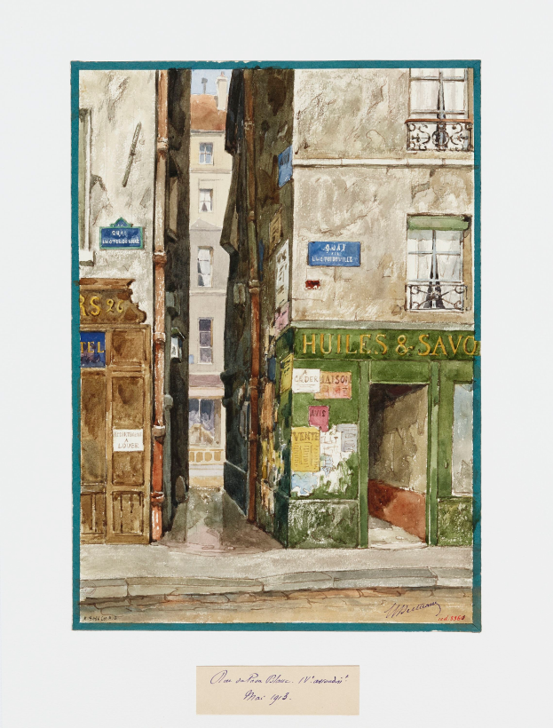 Ein Gemälde einer Pariser Straßenszene mit Gebäuden, Türen, Fenstern und Texttafeln, signiert 'Henri Matisse' unten.