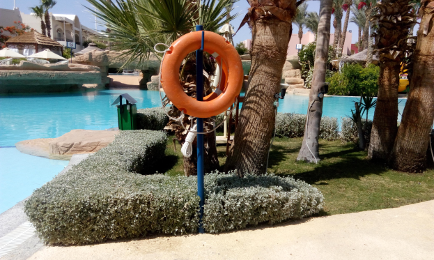 Ein Schwimmbad mit einem Rettungsring in der Mitte, umgeben von grünem Gras, Pflanzen, Bäumen, Gebäuden und Sonnenschirmen unter einem klaren blauen Himmel.