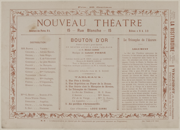 Eine alte Zeitungsannonce für das Nouveau Théâtre in Boulton, Frankreich, mit Text, der das Theaterangebot beschreibt.