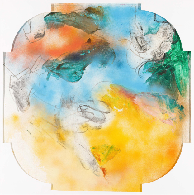 Ein abstraktes Gemälde auf einem weißen Hintergrund mit einer Vielzahl von Farben und Formen, darunter Blau, Grün, Gelb, Orange, Rot und Weiß, die in einer einzigartigen und fesselnden Komposition angeordnet sind.