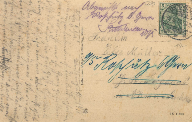 Ein altes deutsches Kuvert mit einer 5d-Marke und einem Poststempel der deutschen Post.