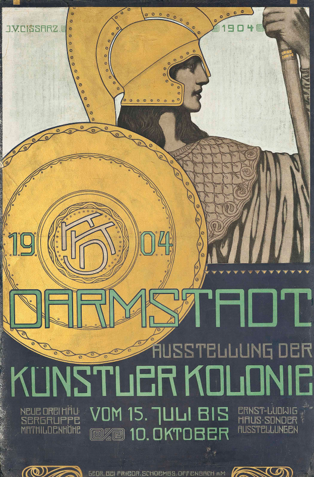 Plakatankündigung für ein 1904er-Konzert in Berlin, Deutschland, mit einer Person in einem Helm, die ein Schild hält, und 'Darmstadt' und 'Künstlerkolonie' in fetter Schrift.