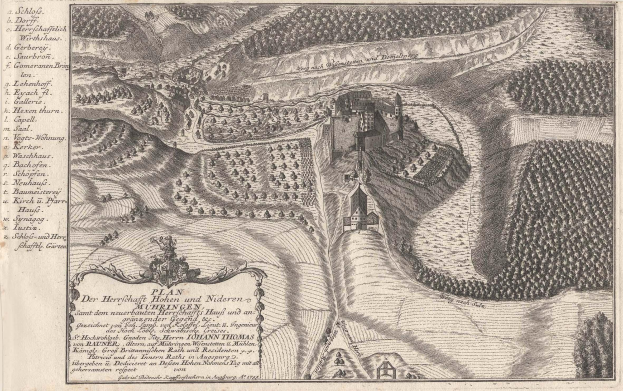 Eine Gravur von Heidelberg, Deutschland, mit einem Schloss in einem Feld umgeben von Bäumen und begleitendem Text.