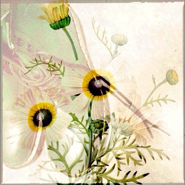 Ein Strauß aus weißen und pinkfarbenen Blumen mit einem Schuh in der Mitte.