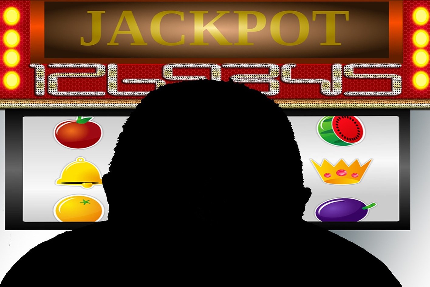 Ein Mann spielt an einem Slot-Automaten mit der Anzeige "Jackpot", umgeben von einer Tafel mit Text und Obstbildern, die ein Online-Casinospiel anzeigt.