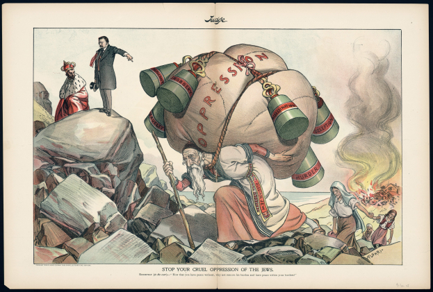Eine Karikatur eines Mannes mit einem großen Geldbeutel auf Felsen, der einen Stock hält, umgeben von Menschen, mit Text 'Hört auf mit Eurer grausamen Unterdrückung der Juden'.