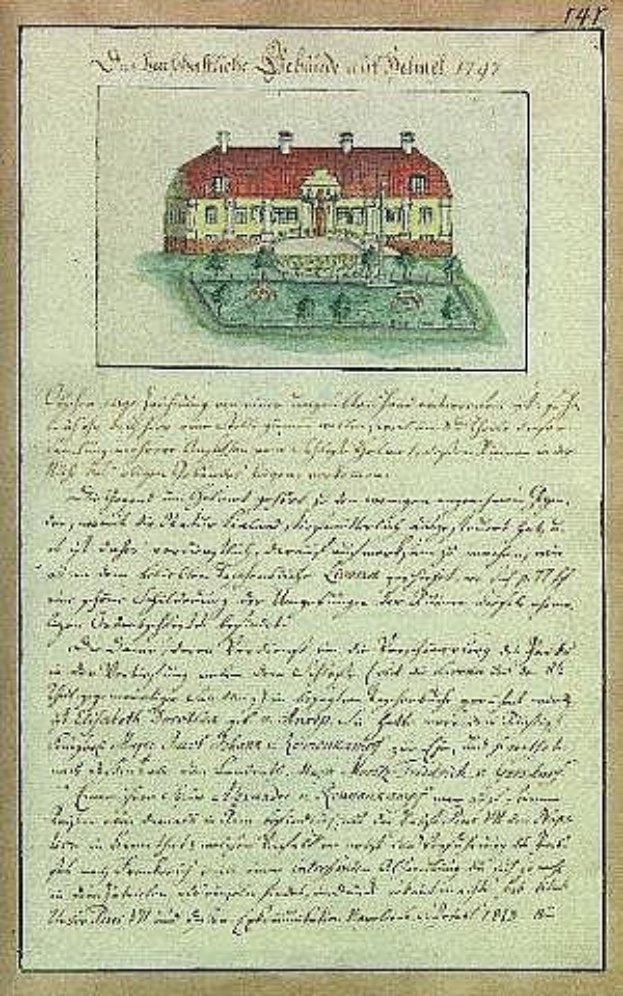 Ein vergilbtes Dokument aus dem Jahr 1797 mit einer detaillierten Zeichnung eines weißen Hauses mit rotem Dach, unterzeichnet von der Schleswig-Holstein-Schule Delmar in Deutschland, samt handgeschriebenem Text.